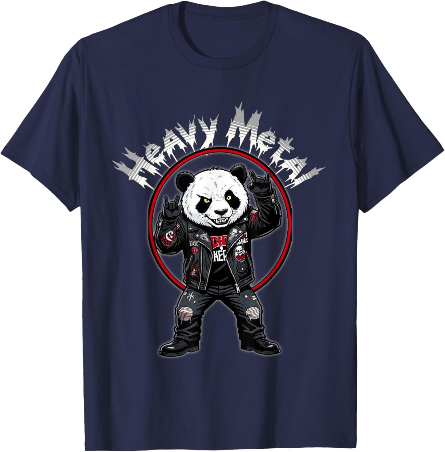 Animal Funny Panda Bear Heavy Metal Rock Music Metal Hand T-Shirt - T-Shirt | Navy