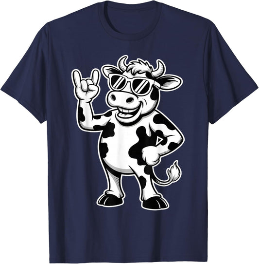 Funny Cow Sunglasses Rock Music Rock n Roll Cow Farm Animal T-Shirt - T-Shirt | Navy
