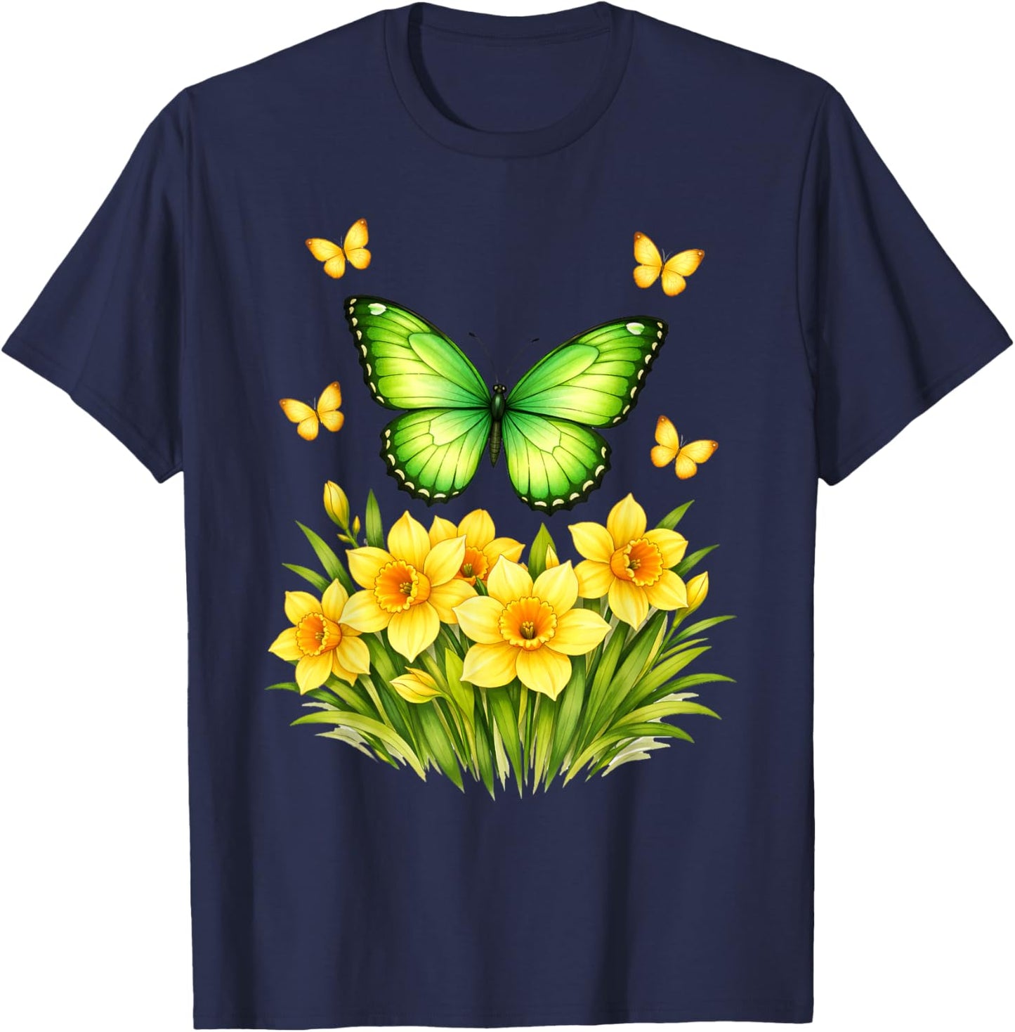 Daffodil Butterfly Flower Gardening Floral T-Shirt - T-Shirt | Navy