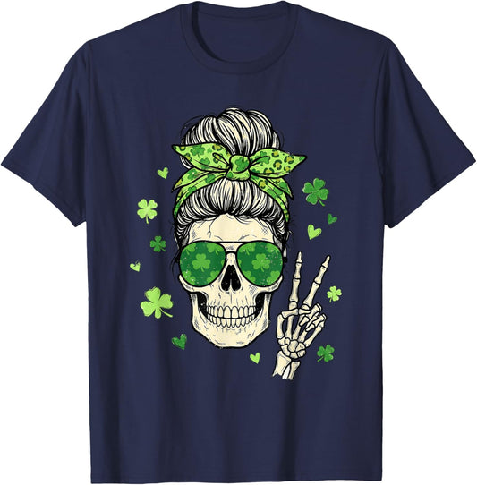 Skull Sunglass Messy Bun Irish Funny St Patrick's Day Women T-Shirt - T-Shirt | Navy