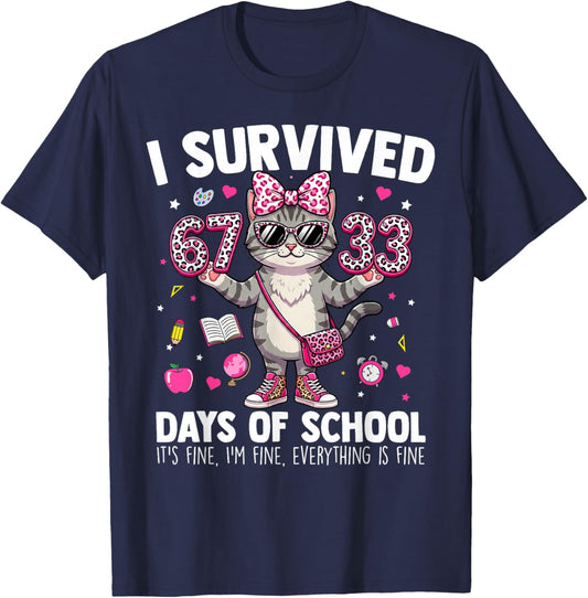 I Survived 67 33 Days of School Teacher Kids Girls 100th Day T-Shirt - T-Shirt | Navy