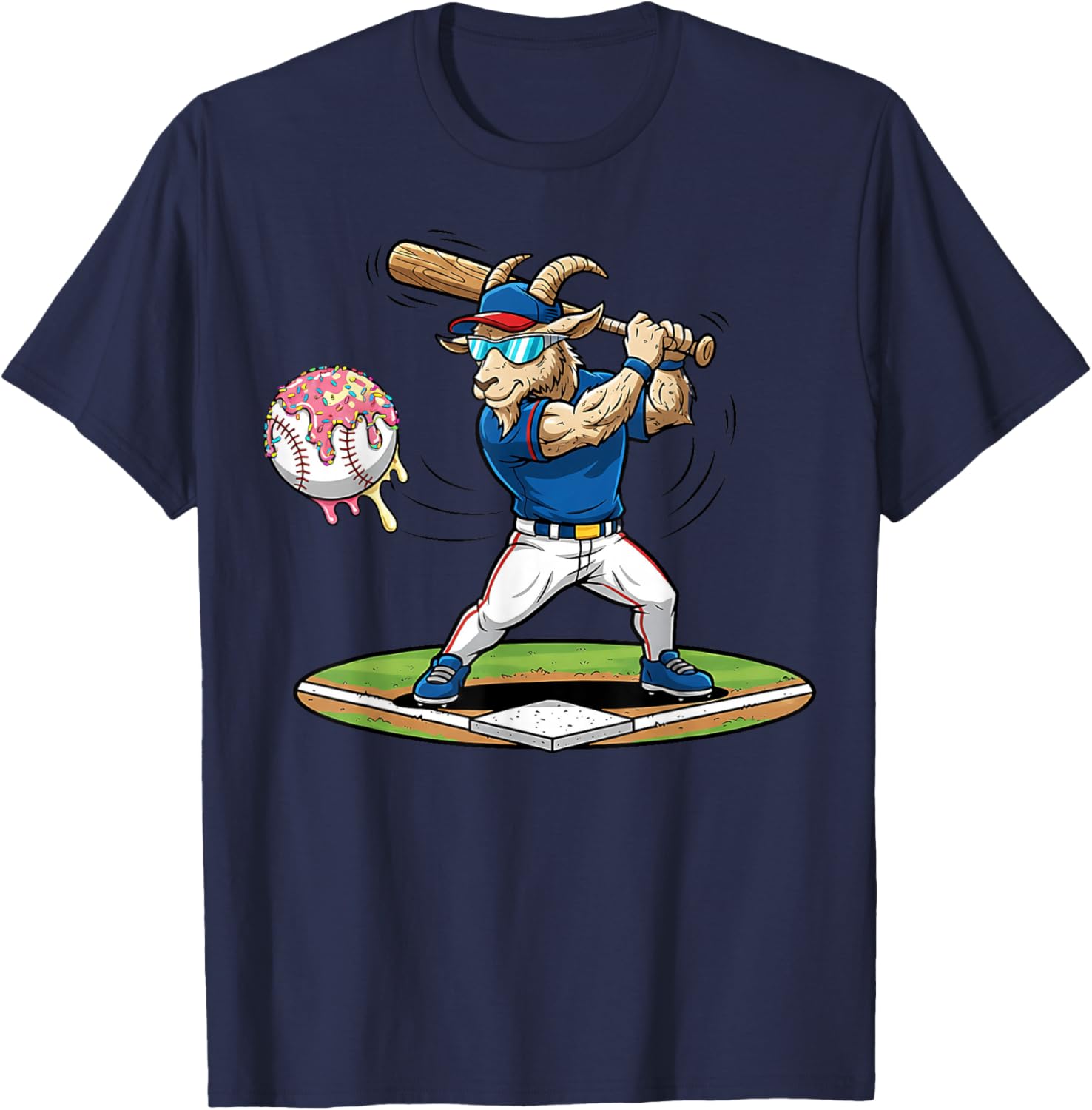 Goat Baseball Player with Bat and Ball Drip Animal Sports T-Shirt - T-Shirt | Navy