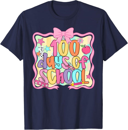 Preppy 100th Day of School 100 Days Teacher Kid Coquette Bow T-Shirt - T-Shirt | Navy