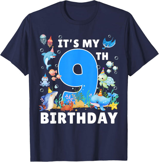 9th Birthday Under The Sea 9 Years Old Ocean Party Theme T-Shirt - T-Shirt | Navy
