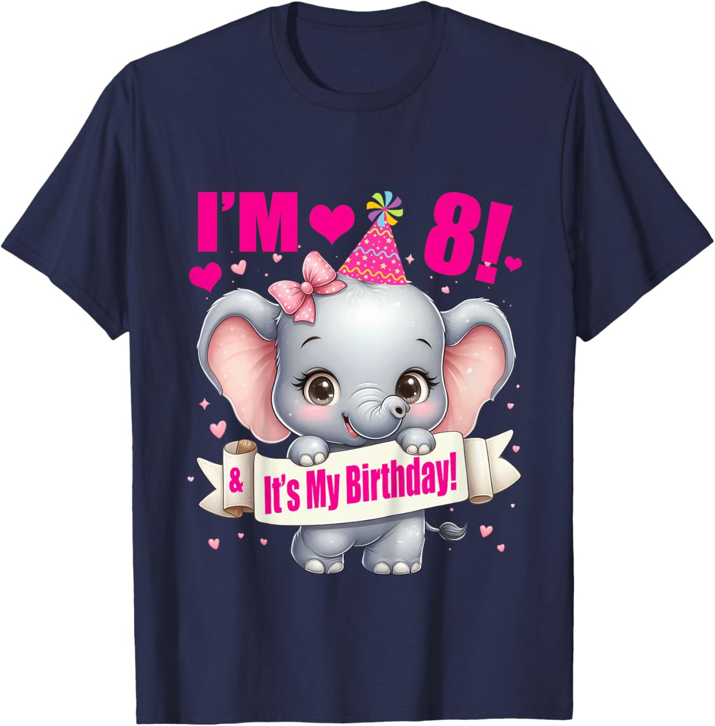 Kids I'm 8 (Eight)! Elephant 8th Birthday Party Outfit for Girls T-Shirt - T-Shirt | Navy