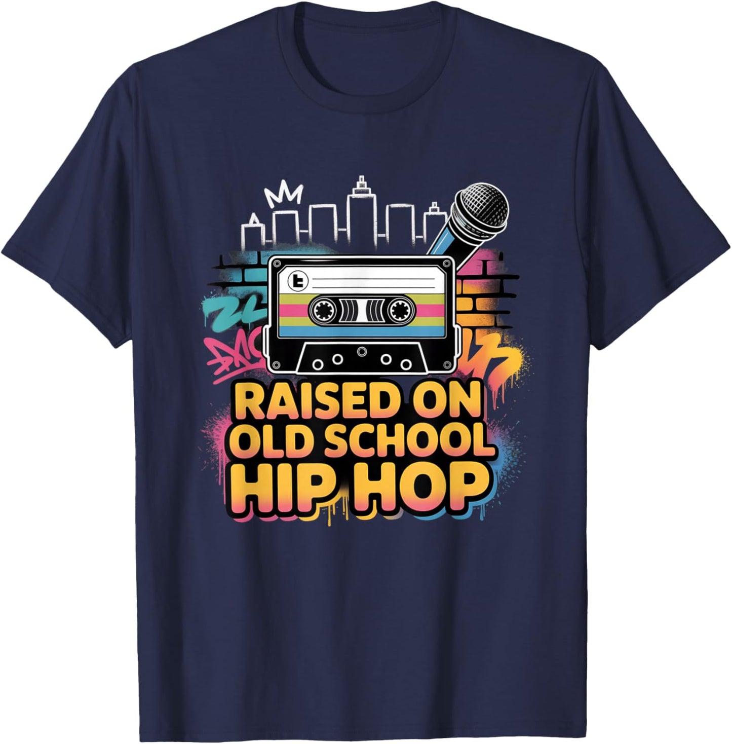 Raised ON Old School Hip HOP Cassette Graffiti Rap T-Shirt - T-Shirt | Navy