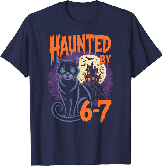 Haunted by 67 Funny Black Cat Haunted House Halloween T-Shirt - T-Shirt | Navy