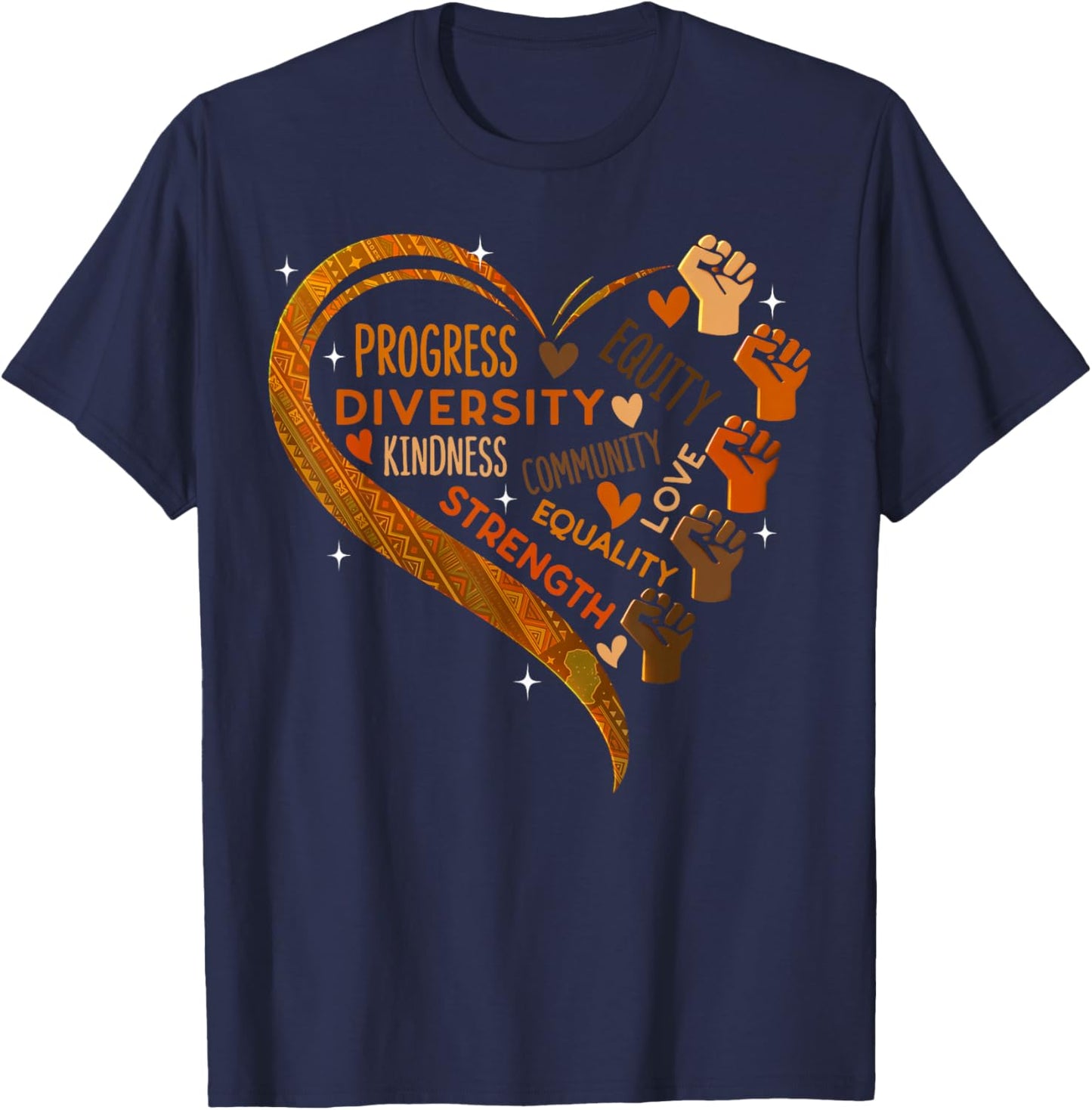 Black History Heart Fists Diversity Equity Melanin African T-Shirt - T-Shirt | Navy