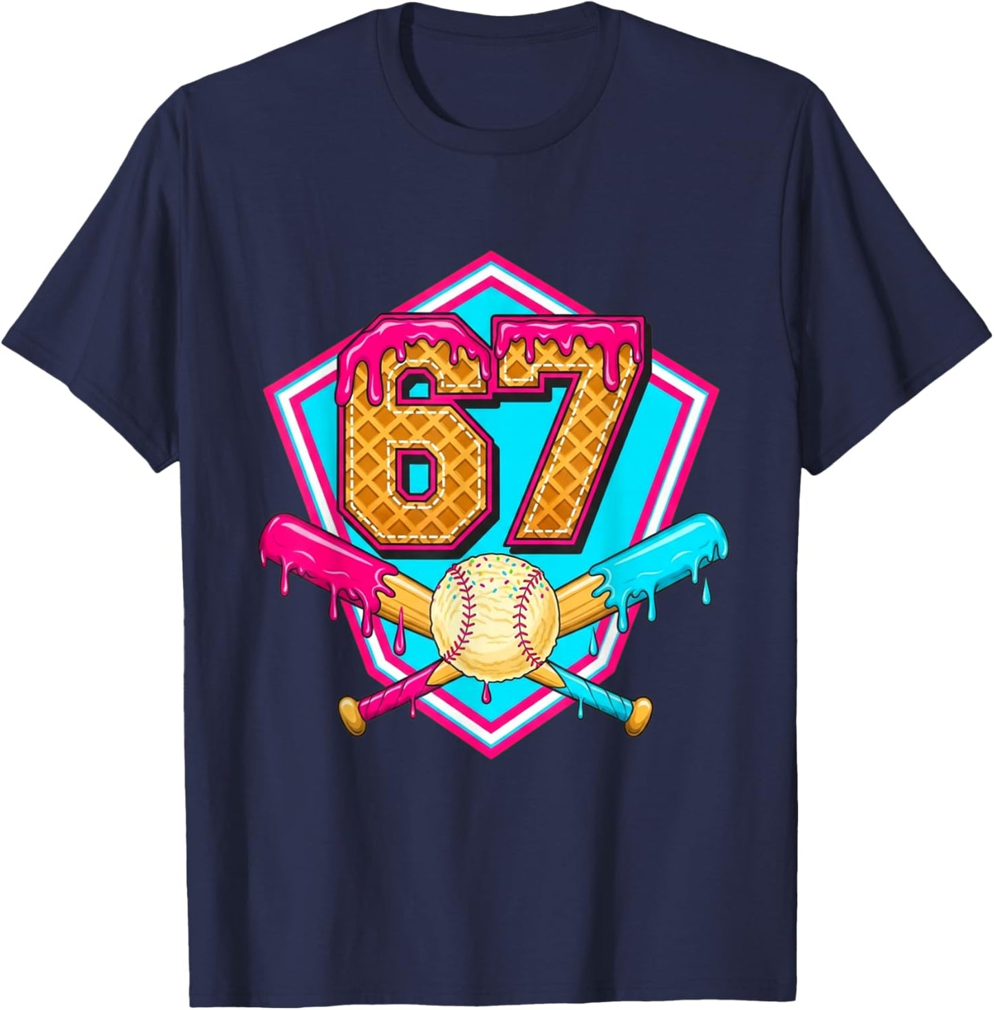 Baseball Drip Jersey Number 67 for Players & 67th Birthday T-Shirt - T-Shirt | Navy