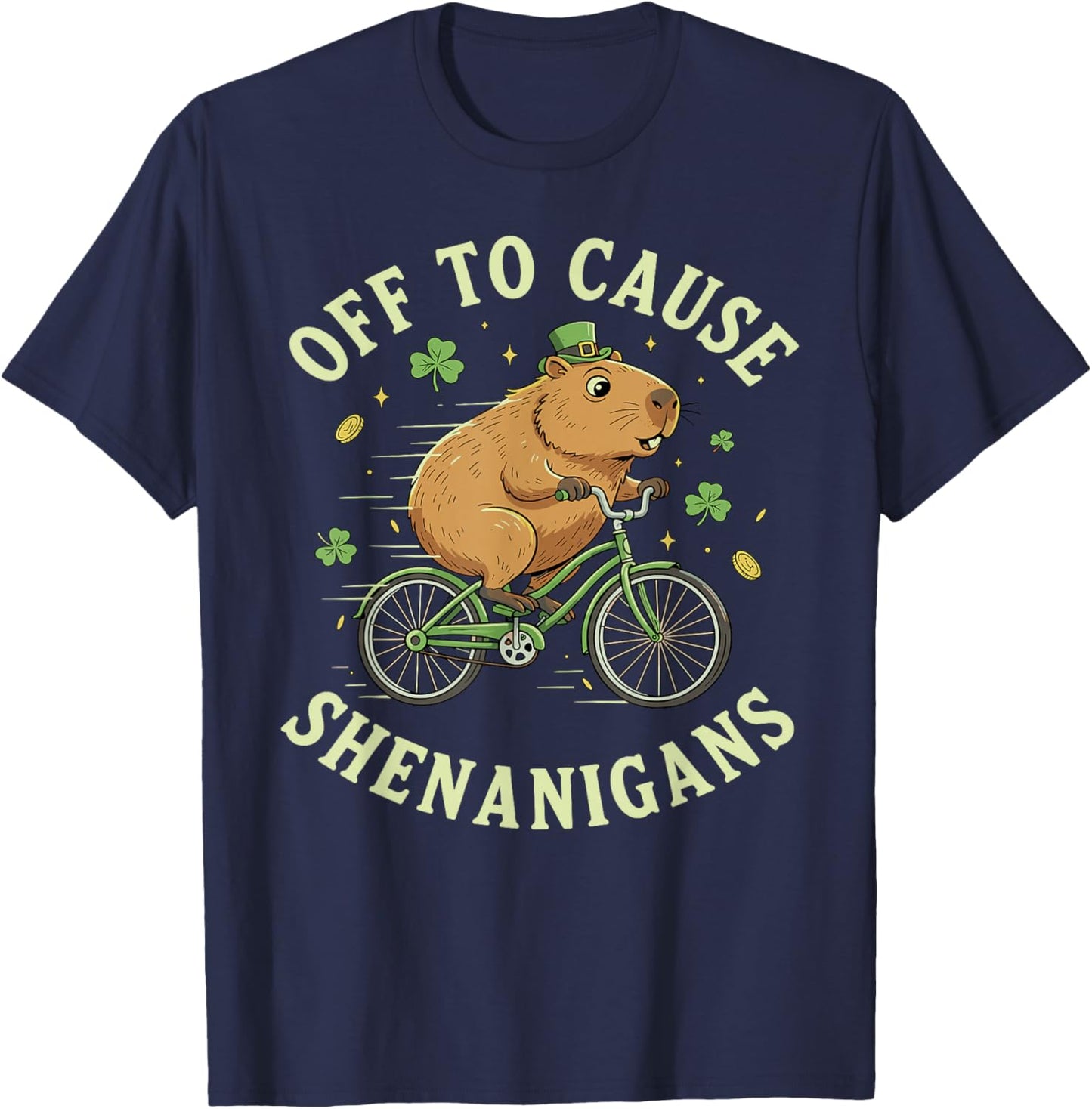 Off to Cause Shenanigans St Patrick’s Day Capybara on Bike T-Shirt - T-Shirt | Navy
