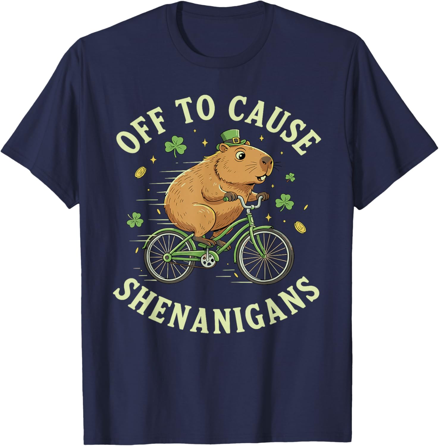 Off to Cause Shenanigans St Patrick’s Day Capybara on Bike T-Shirt - T-Shirt | Navy