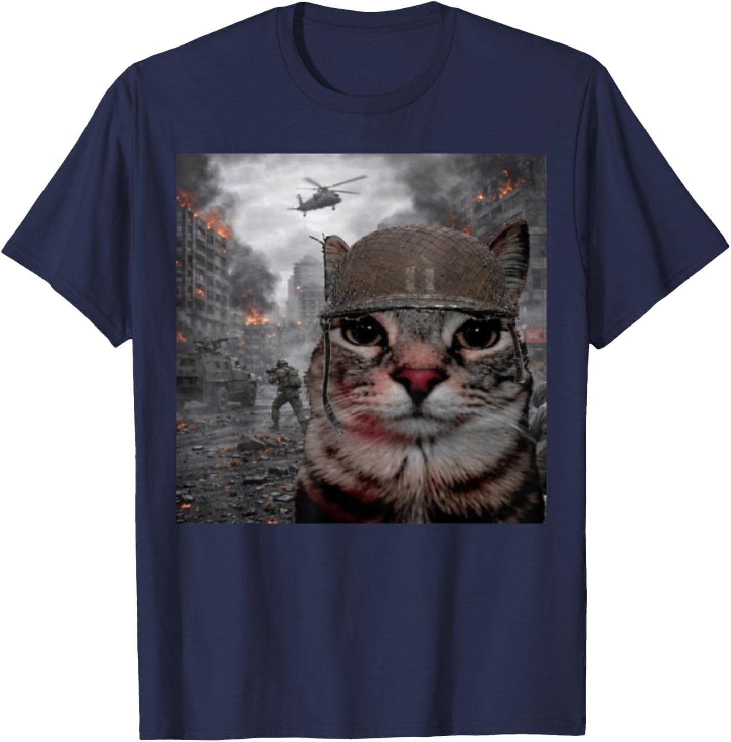 Selfie War Soldier Cat on The Battlefield T-Shirt - T-Shirt | Navy