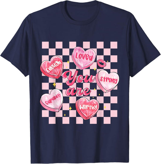 You are Enough Retro Valentine Day Hearts Love Men Women Kid T-Shirt - T-Shirt | Navy