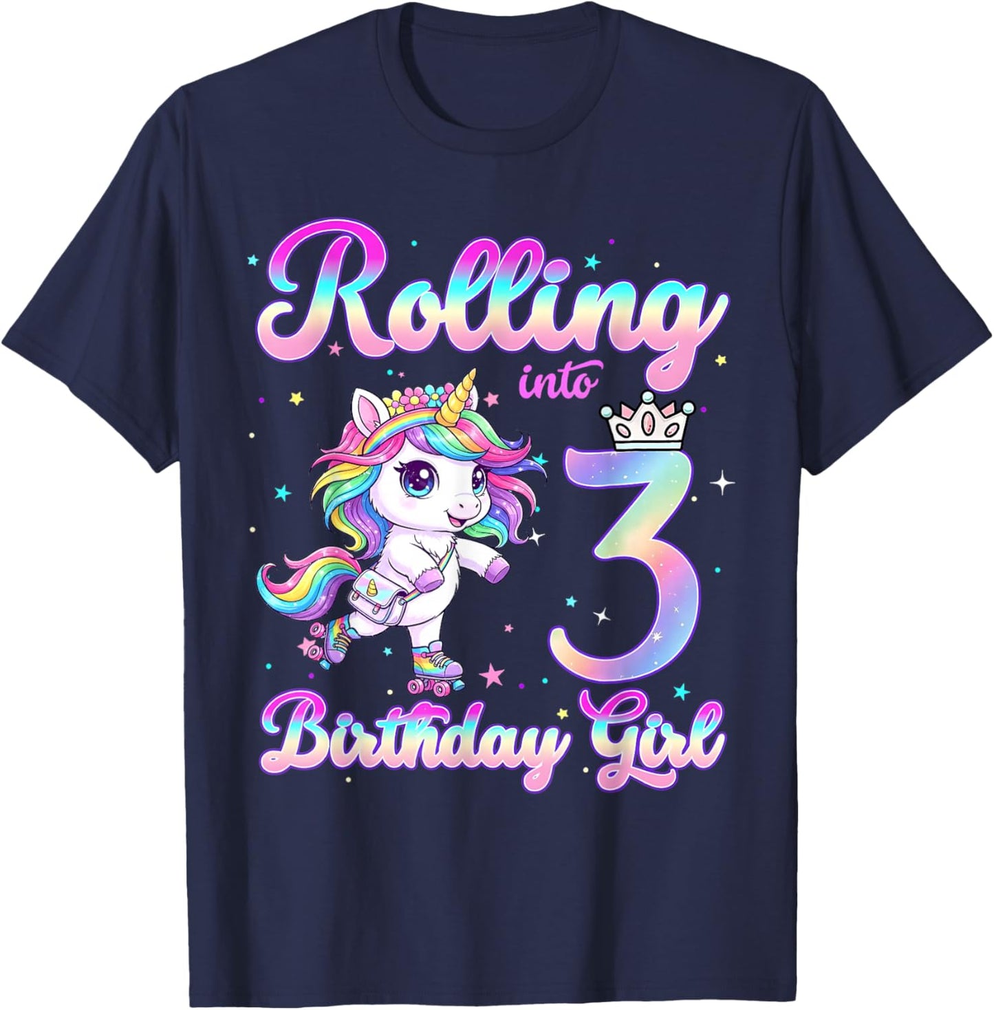 Kids Rolling Into 3 Roller Skating 3rd Birthday Unicorn Girl T-Shirt - T-Shirt | Navy