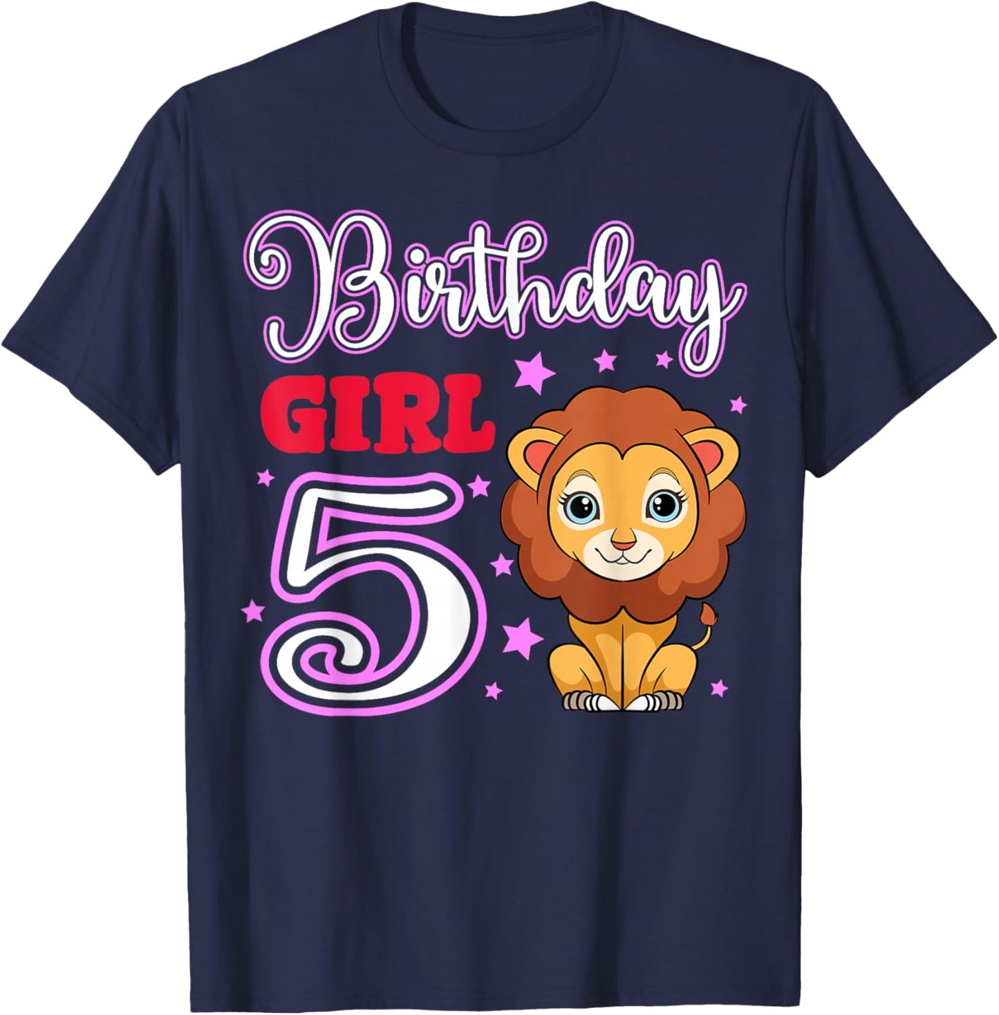 Lion 5th Birthday Girl Party Safari Jungle Zoo Adventure T-Shirt - T-Shirt | Navy