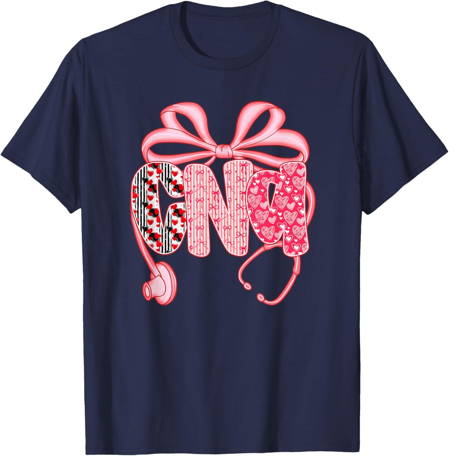 CNA Nurse Valentine's Day Heart Stethoscope Coquette Bow T-Shirt - T-Shirt | Navy