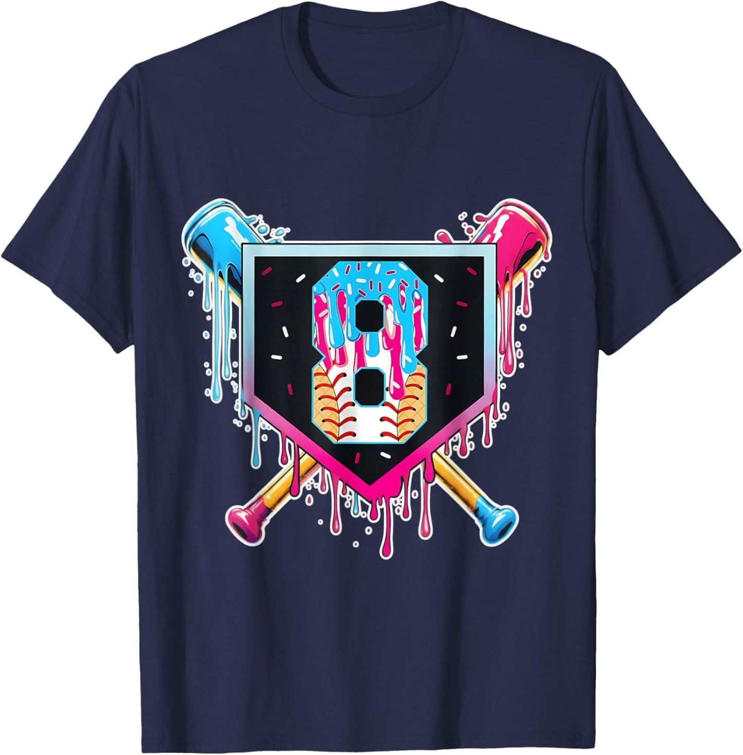 Baseball 8 Year Old Boy Ice Cream Drip 8th Birthday Player T-Shirt - T-Shirt | Navy