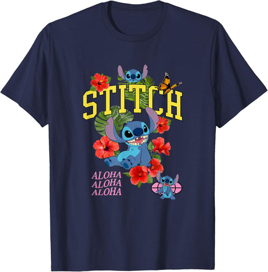 Disney Lilo and Stitch Tropical Flowers Aloha T-Shirt - T-Shirt | Navy