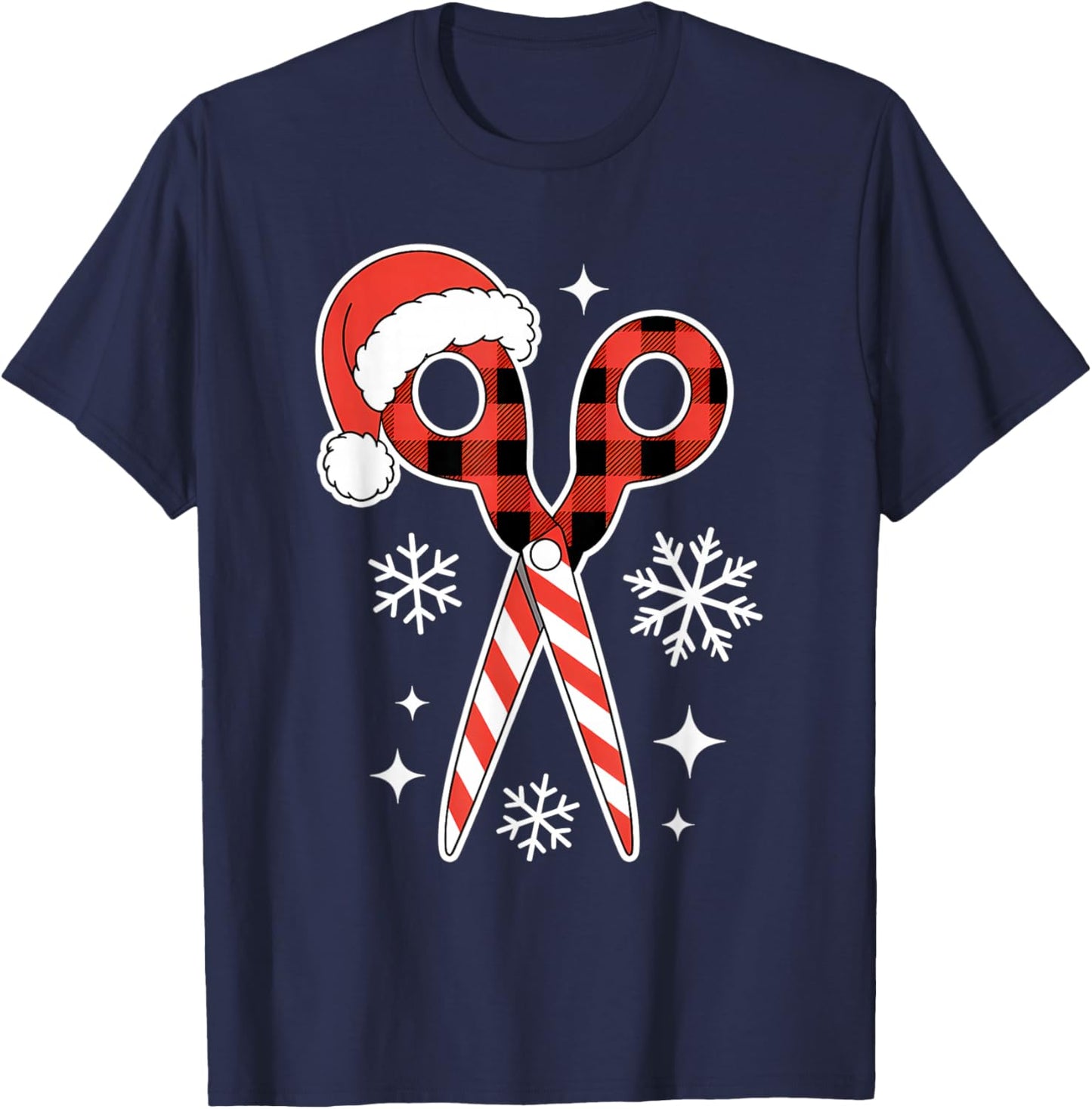 Christmas Buffalo Plaid Scissors with Santa Hat Men Women T-Shirt - T-Shirt | Navy
