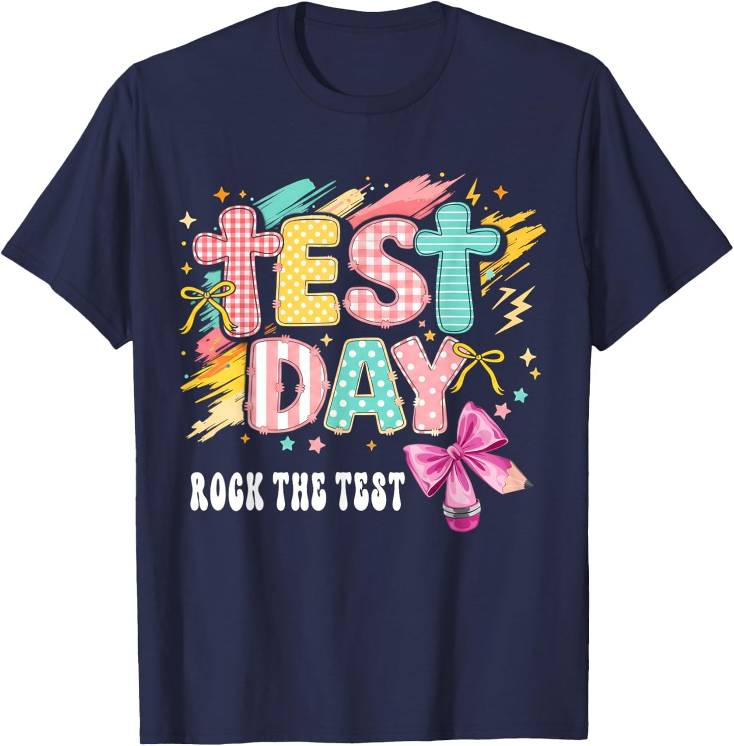 Test Day Rock The Test Pencil Coquette Bow Teacher Testing T-Shirt - T-Shirt | Navy