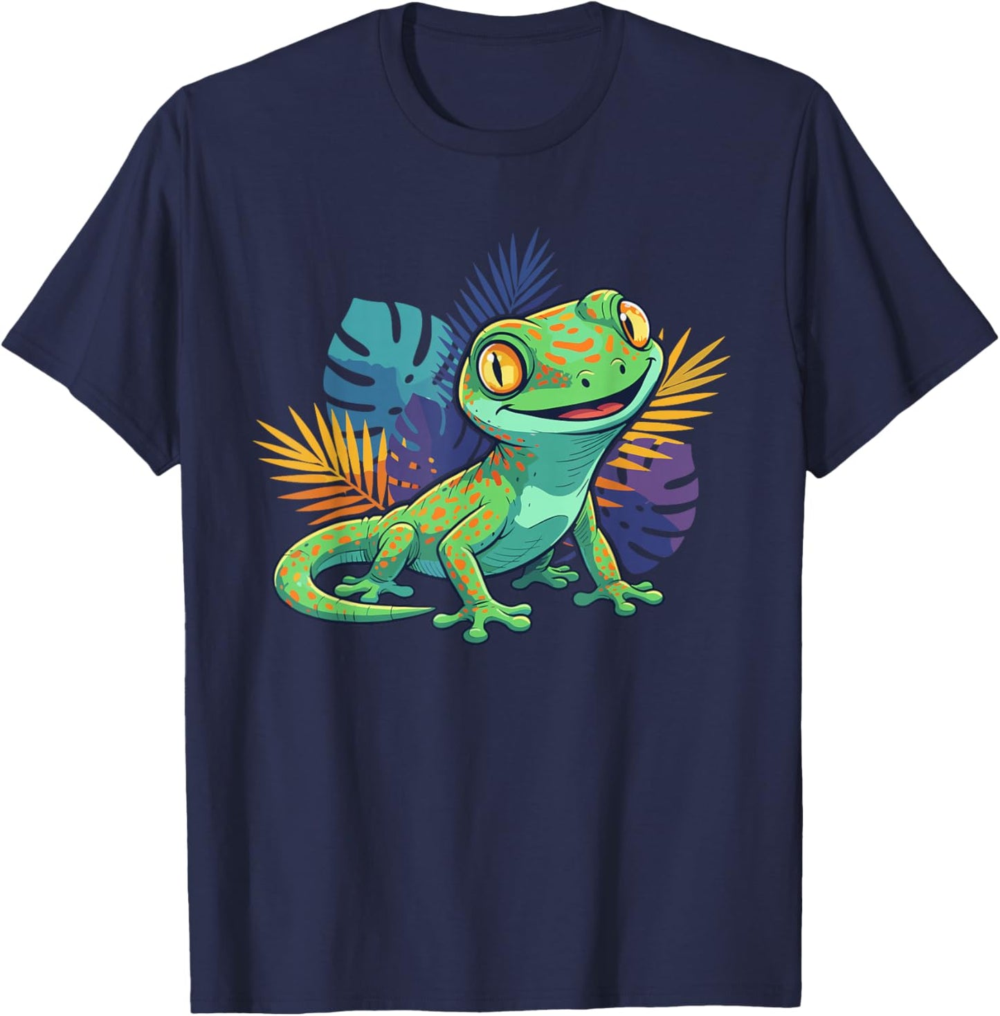 Happy Gecko Lizard with Tropical Leaves Reptile T-Shirt - T-Shirt | Navy