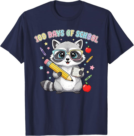 100 Days of School Teacher Kid Cute Raccoon Classroom Design T-Shirt - T-Shirt | Navy