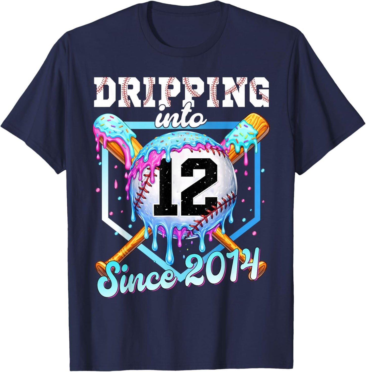 12 Year Old Baseball Ice Cream 12th Birthday Boys Since 2014 T-Shirt - T-Shirt | Navy