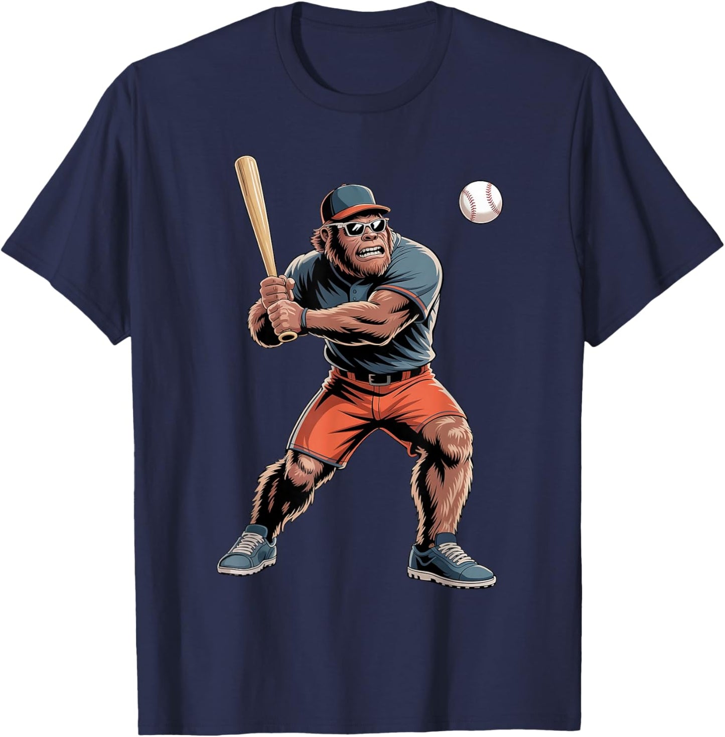 Funny Bigfoot Playing Baseball Boys Kids Men Baseball Player T-Shirt - T-Shirt | Navy