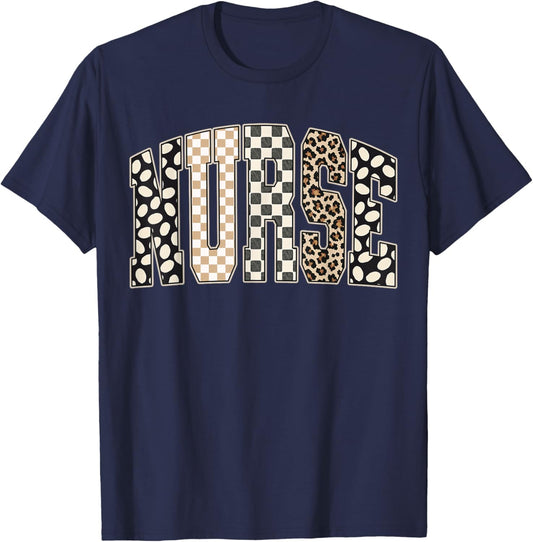 Retro Nurse Leopard Checkered Graphic Women T-Shirt - T-Shirt | Navy
