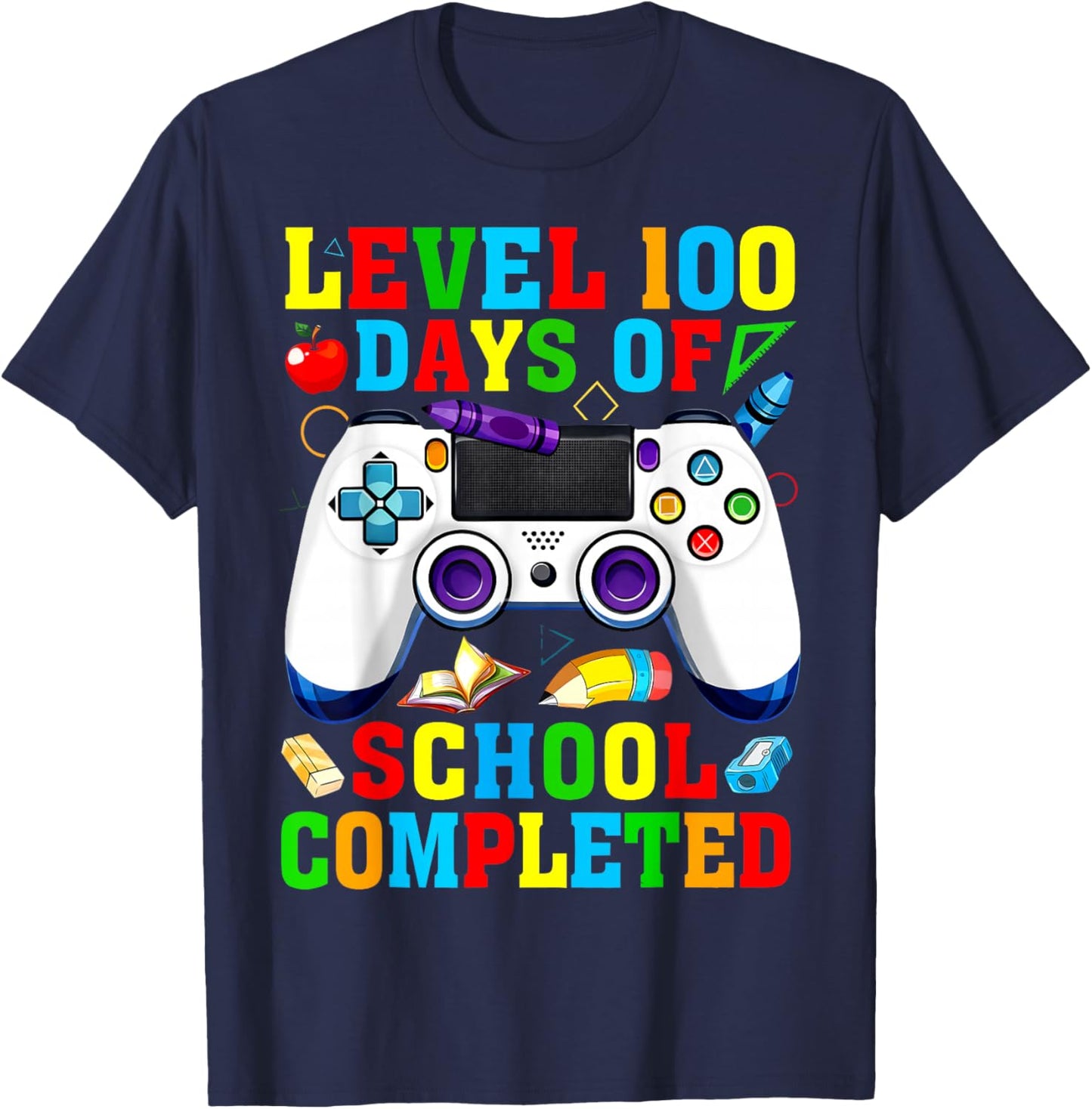 Level 100 Days of School Completed Video Game Controller T-Shirt - T-Shirt | Navy