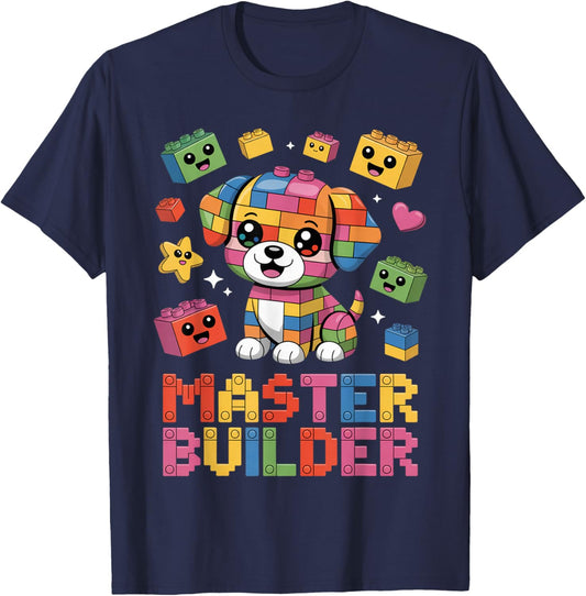 Master Builder Dog Lover Building Bricks Blocks Kids Girls T-Shirt - T-Shirt | Navy