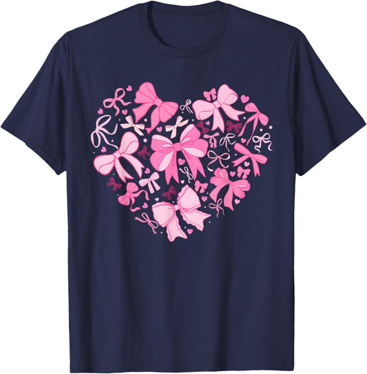 Valentine Coquette Pink Bow Heart Women Girls Kids T-Shirt - T-Shirt | Navy