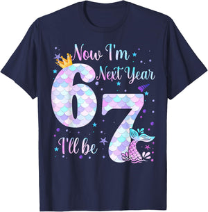 Now I'm 6 Next Year I'll be 7 Mermaid Themed 6th Birthday T-Shirt - T-Shirt | Navy
