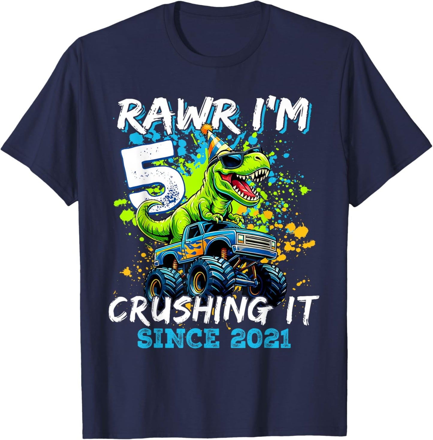 5th Birthday Monster Truck Dinosaur Party Boys Rawr I'm 5 T-Shirt - T-Shirt | Navy