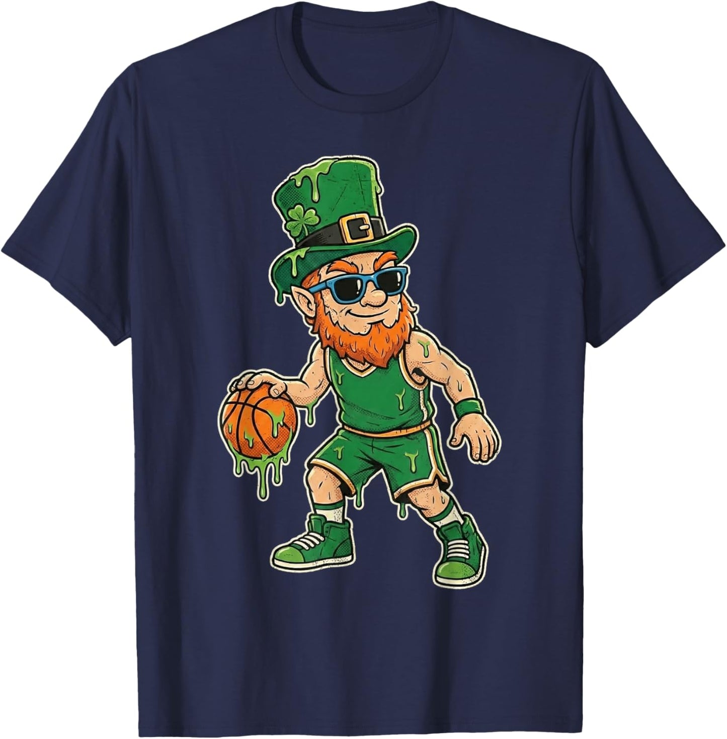 Funny St Patricks Day Leprechaun Playing Basketball Drip T-Shirt - T-Shirt | Navy