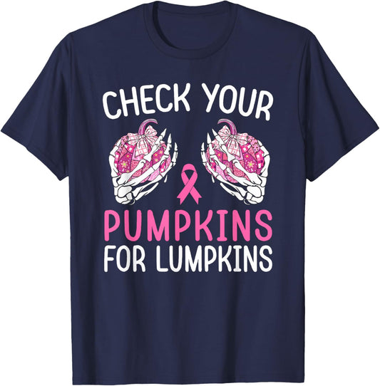 Check Your Pumpkins for Lumpkins Halloween Breast Cancer T-Shirt - T-Shirt | Navy