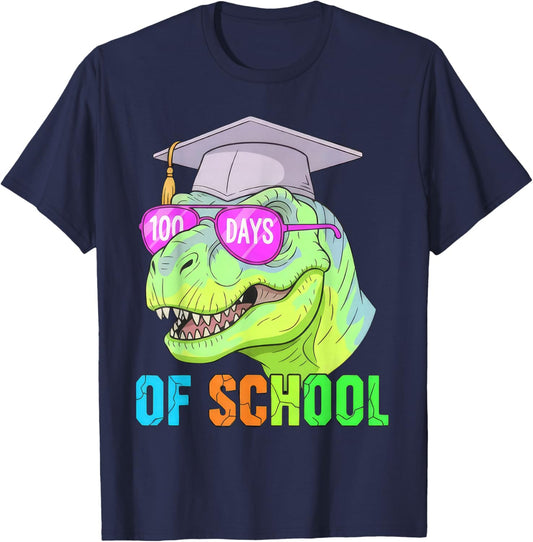 100 Days of School Dinosaur 100 Days Smarter 100th Day Kids T-Shirt - T-Shirt | Navy