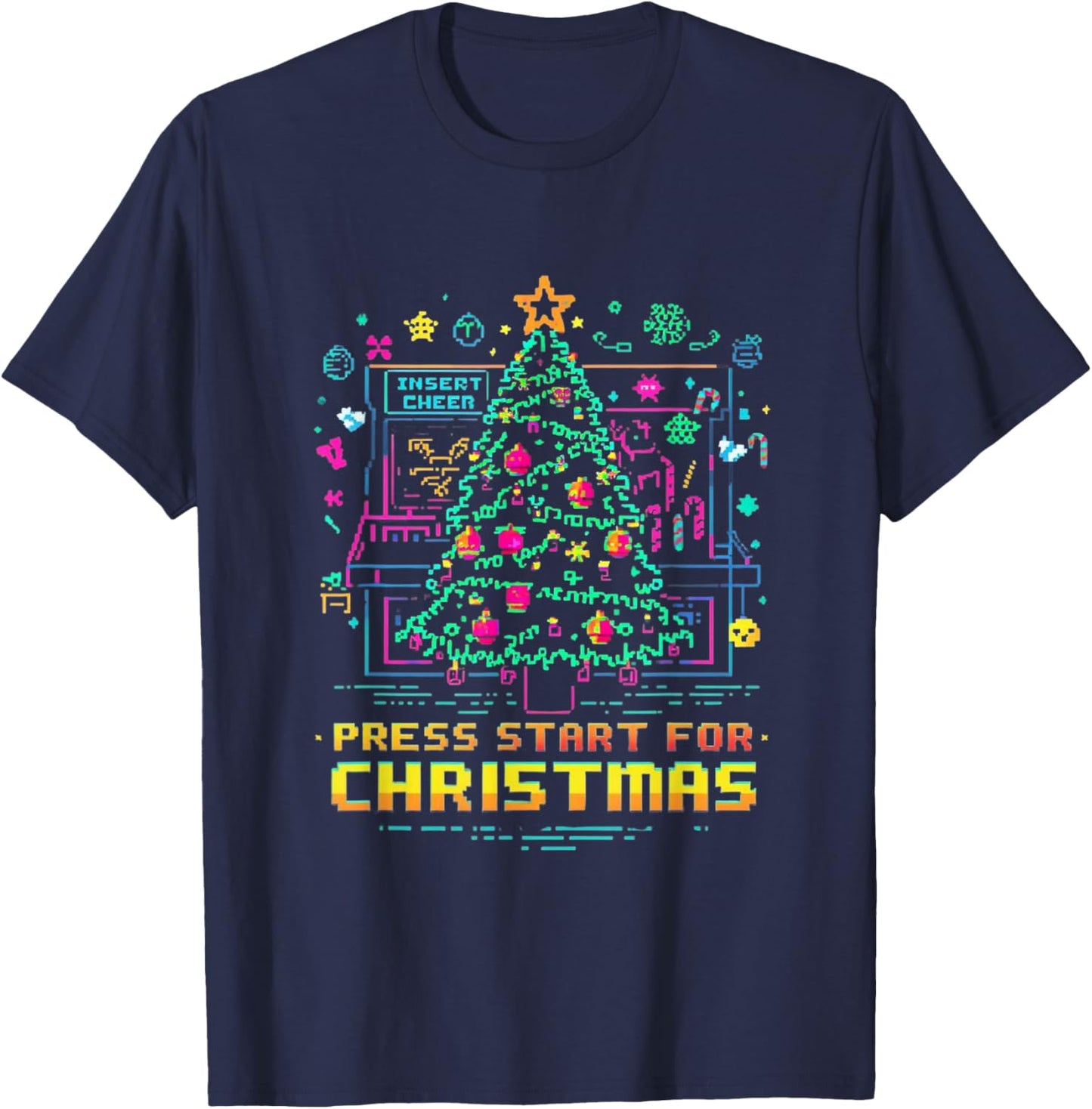 Arcade Pixel Neon Xmas Retro Gamer T-Shirt - T-Shirt | Navy