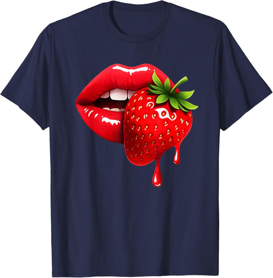 Strawberry Lips Glossy Red Pop Art T-Shirt - T-Shirt | Navy