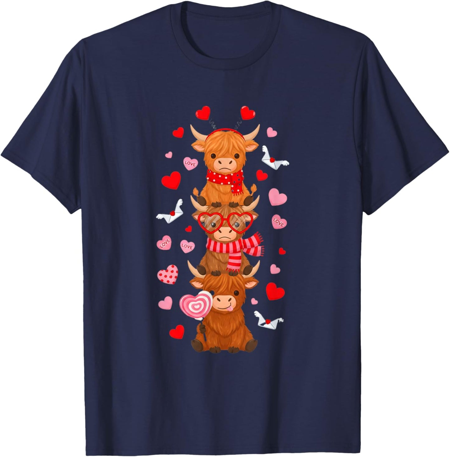 Cute Western Valentine Highland Cows with Heart Letter Women T-Shirt - T-Shirt | Navy