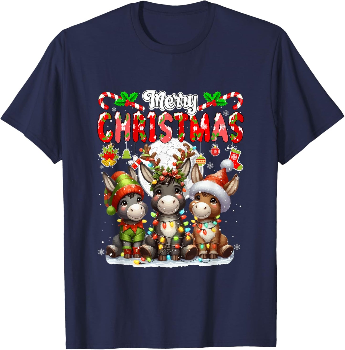 Merry Christmas Three Santa Reindeer Elf Donkeys Colorful T-Shirt - T-Shirt | Navy