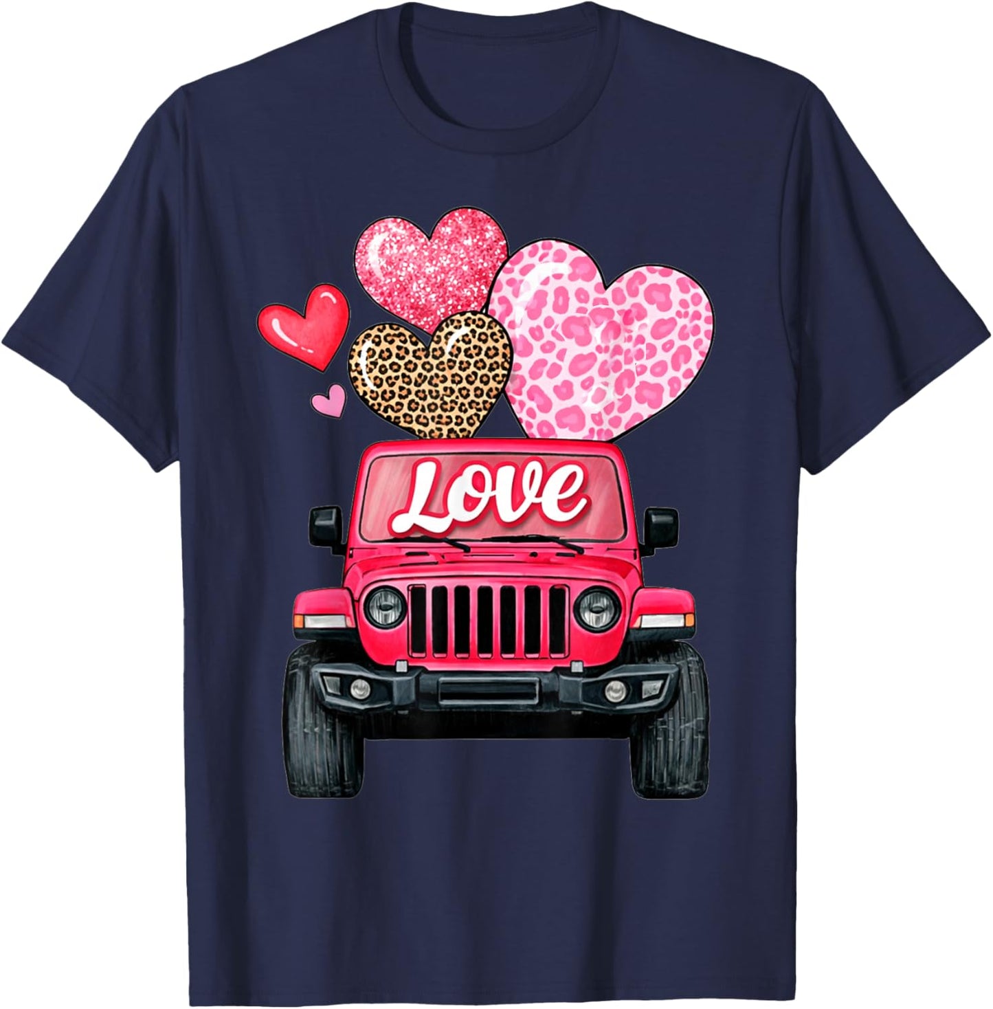 Valentine Love Truck Pink Off Road Leopard Print Hearts T-Shirt - T-Shirt | Navy