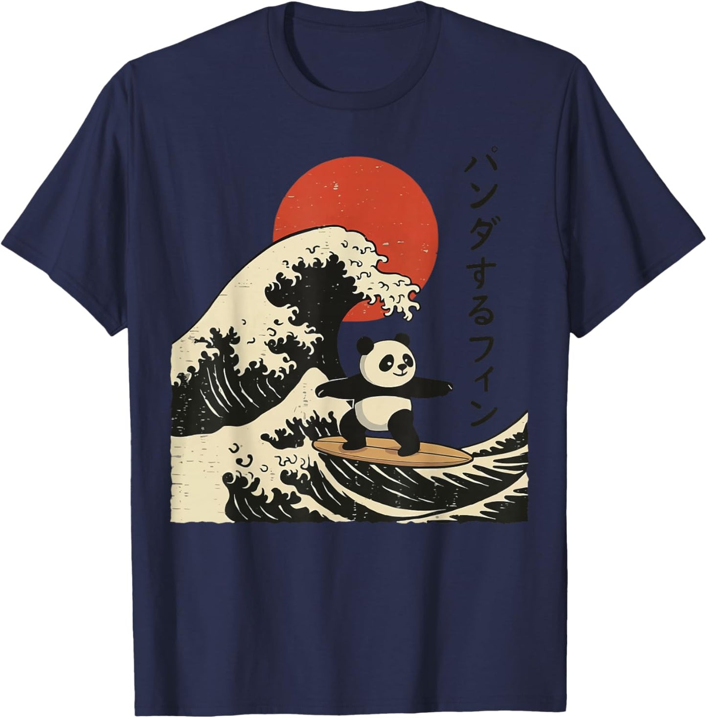Panda Surfing Japanese Wave Great Wave T-Shirt - T-Shirt | Navy