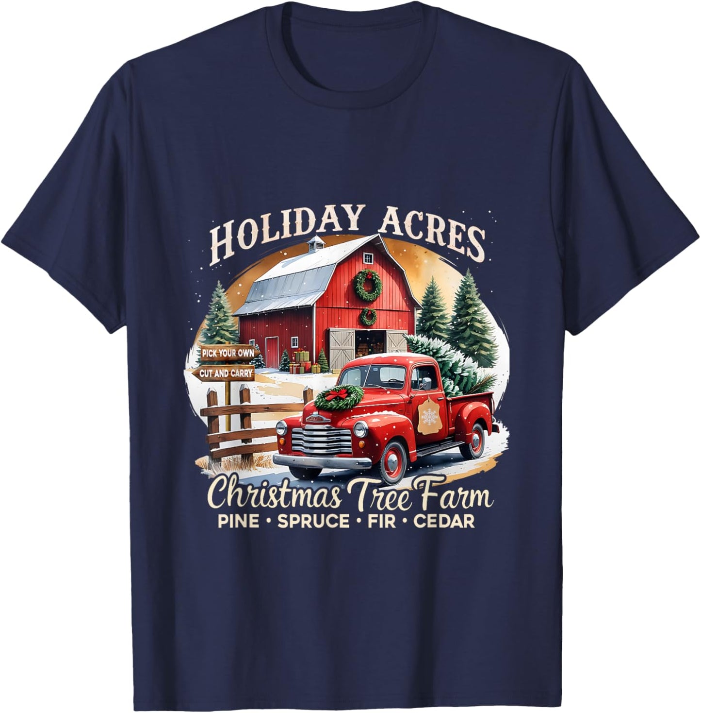 Vintage Red Truck Holiday Acres Christmas Tree Farm T-Shirt - T-Shirt | Navy