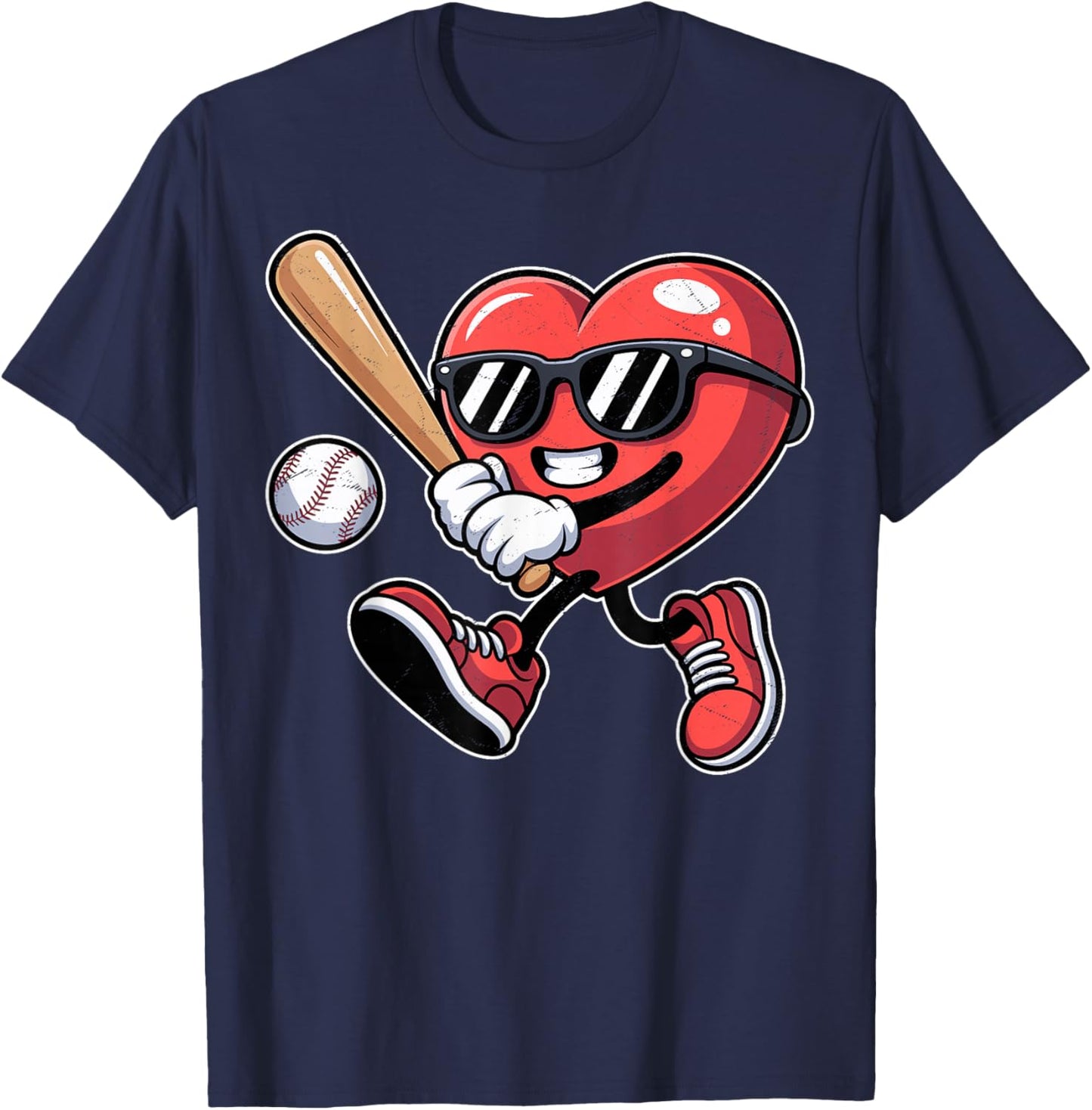Valentines Day Heart Playing Baseball Boys Men Kids Girls T-Shirt - T-Shirt | Navy