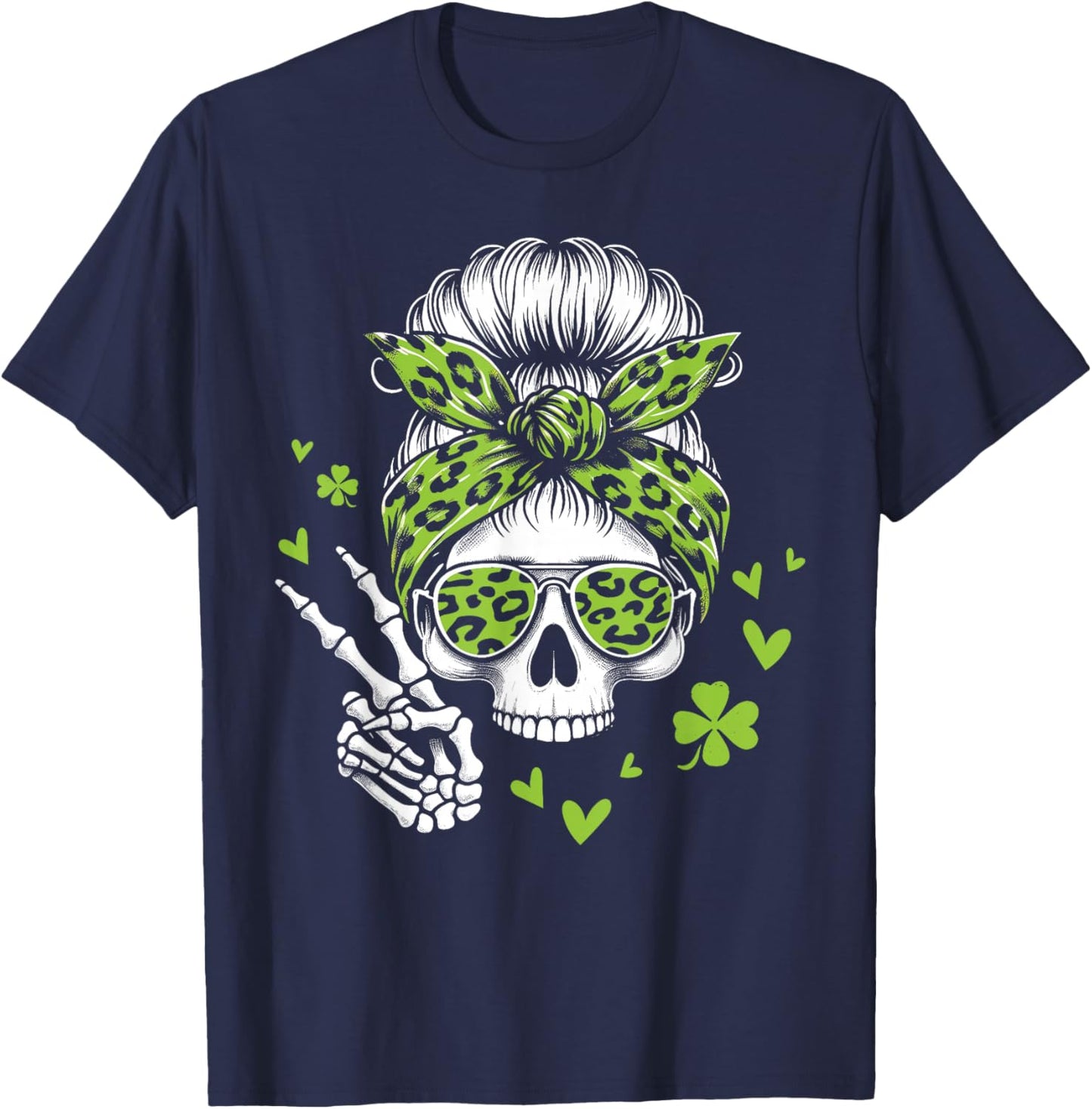 Skull St Patricks Day Shamrock Messy Hair Bun Irish Women T-Shirt - T-Shirt | Navy