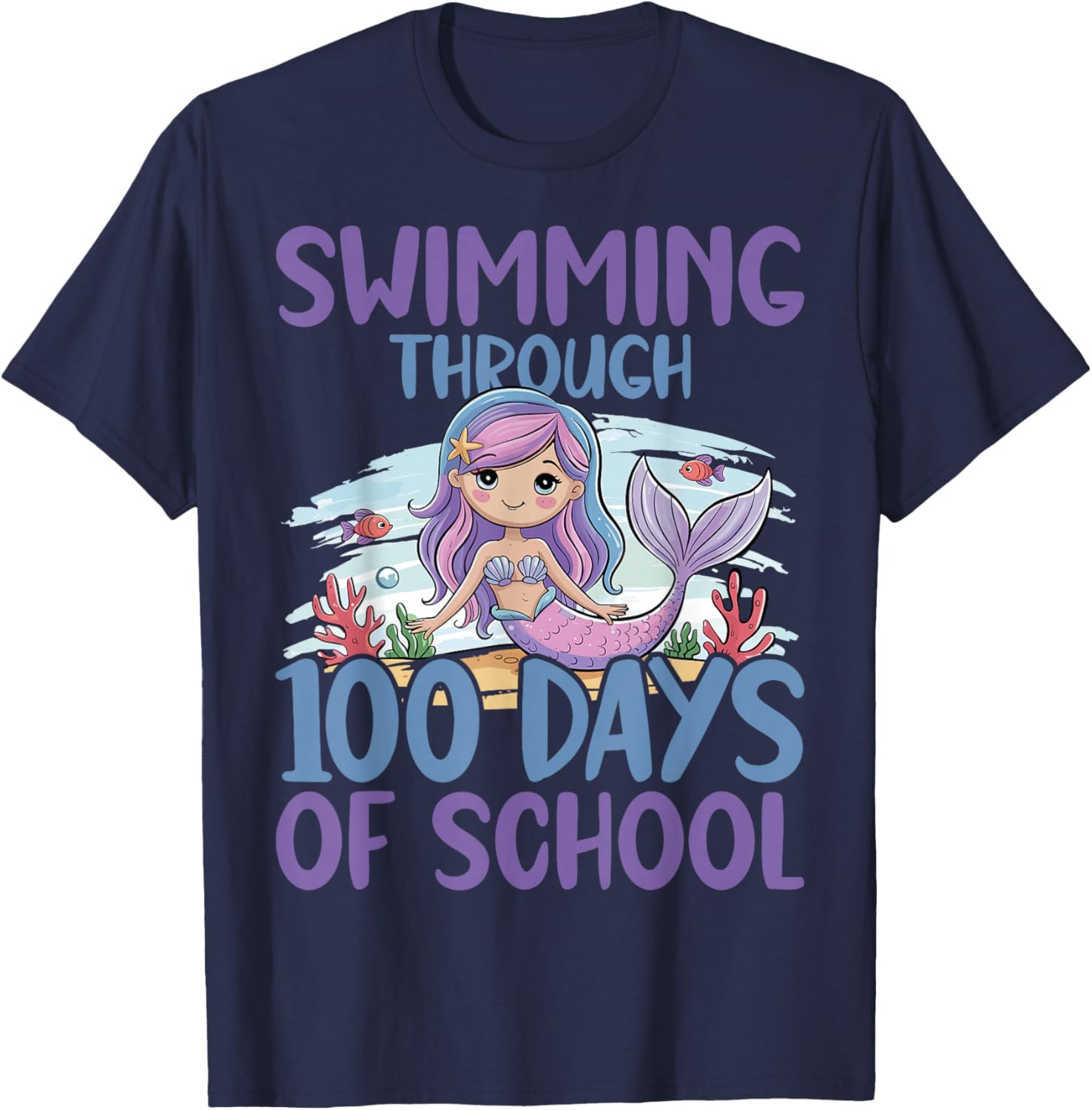 Swimming Through 100 Days of School Mermaid T-Shirt - T-Shirt | Navy