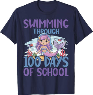 Swimming Through 100 Days of School Mermaid T-Shirt - T-Shirt | Navy