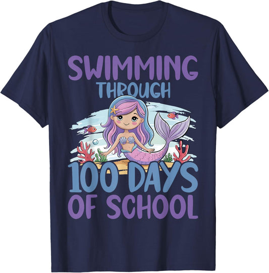 Swimming Through 100 Days of School Mermaid T-Shirt - T-Shirt | Navy