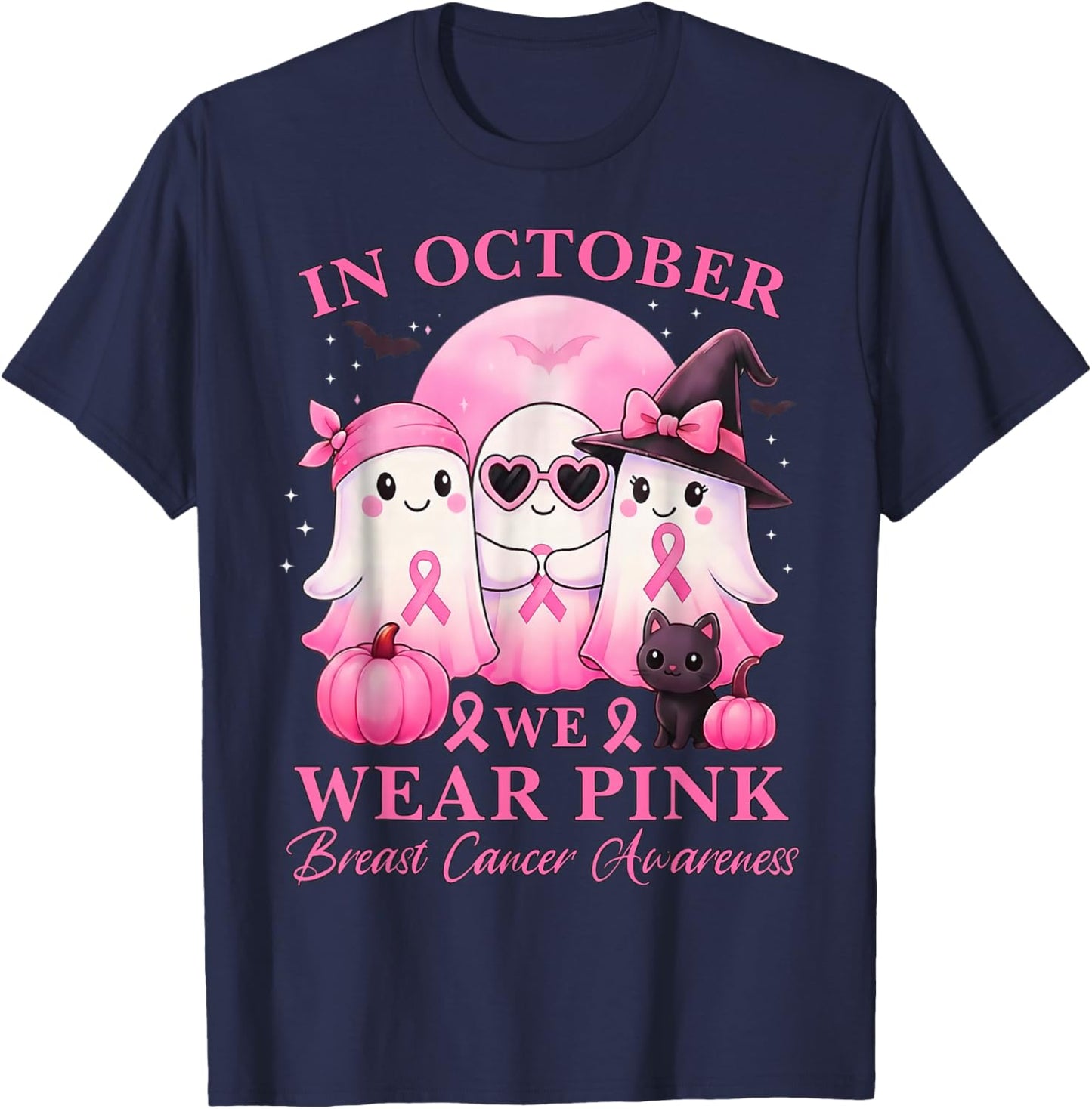 in October We Wear Pink Ghost Squad Breast Cancer Awareness T-Shirt - T-Shirt | Navy